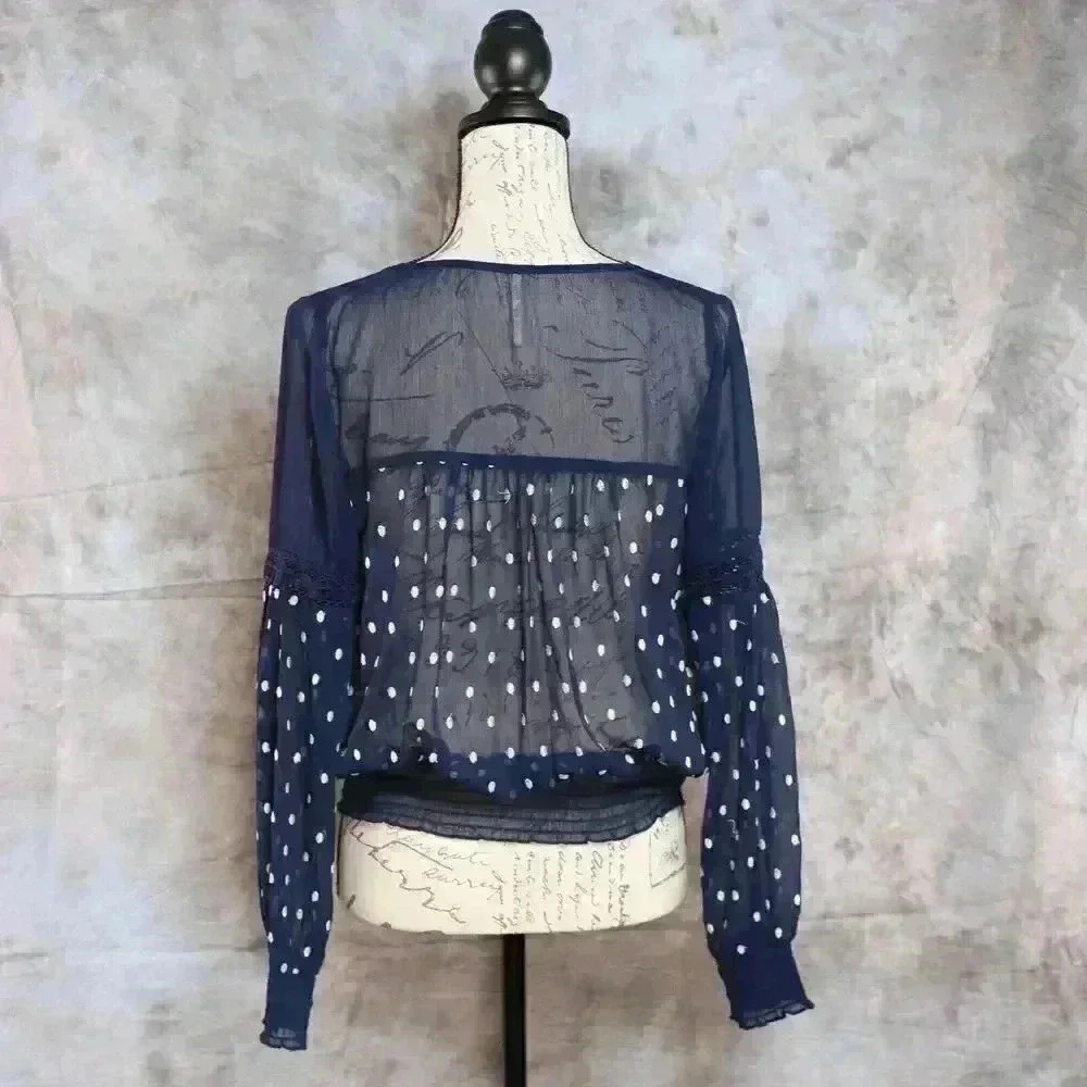 Women's Free People Size S navy blue polka dot embroidered sheer shirt - Picture 8 of 14